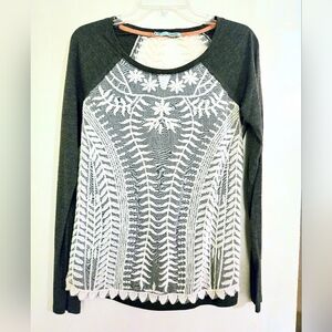 Maurices Charcoal Gray Long-Sleeve Top with White Embroidered Front